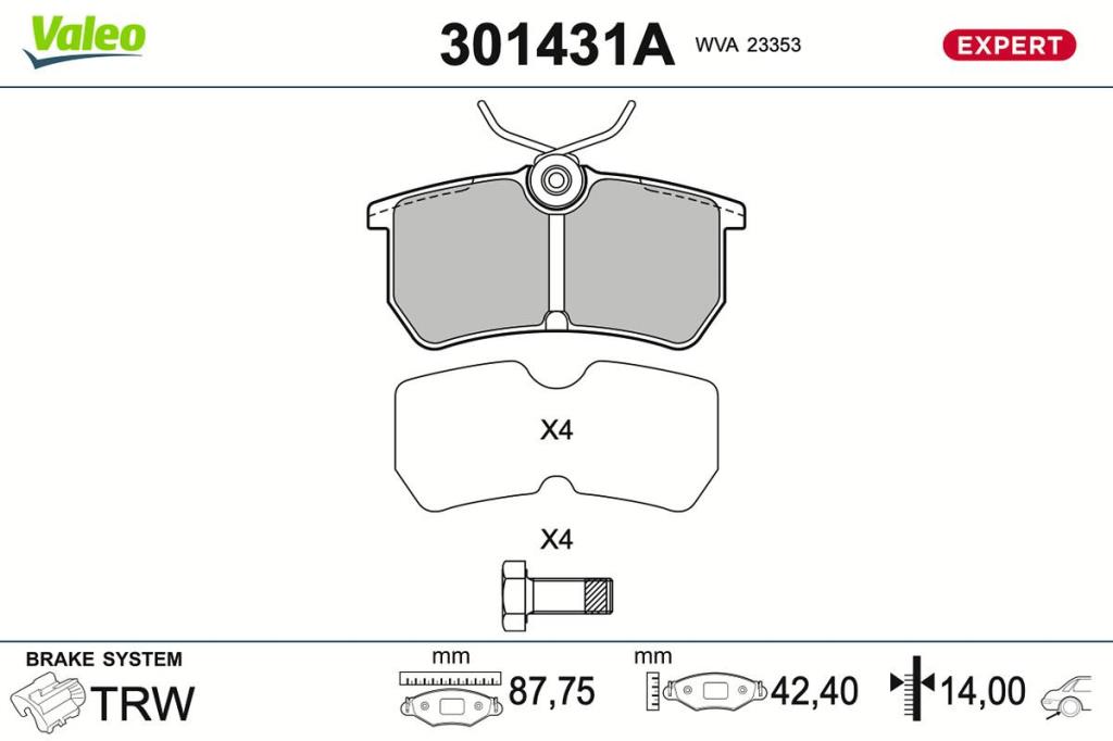 Jogo de 4 pastilhas de travão VALEO ref. 301431A